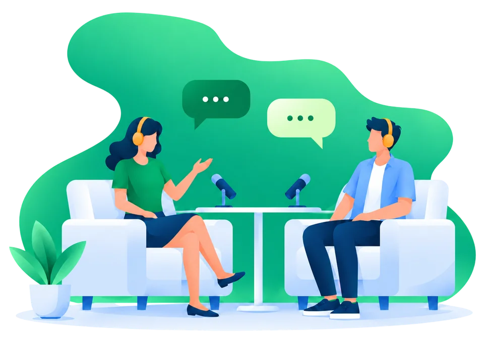 Two people in conversation on a Finnovate podcast