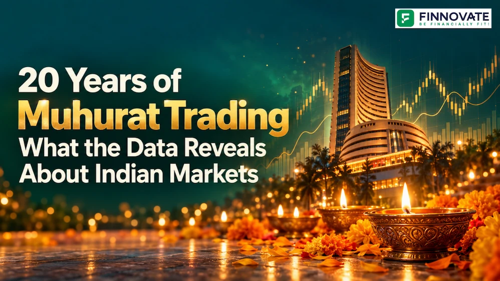 20 Years of Muhurat Trading: What the Data Reveals About Indian Markets, with glowing Diwali diyas, marigolds and the Bombay Stock Exchange.