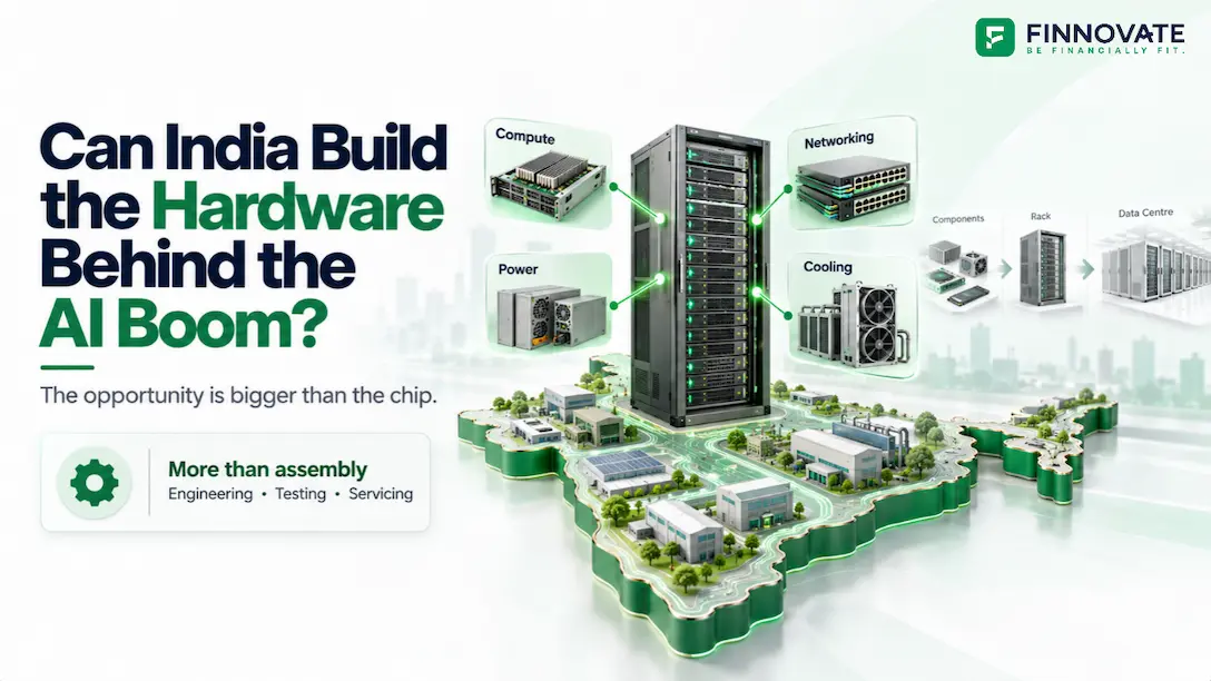 AI hardware manufacturing in India showing servers, networking, power and cooling systems integrated into a data-centre rack, highlighting opportunities in engineering, testing, assembly and servicing.