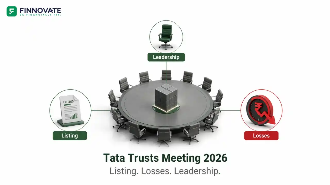 3D blog banner showing a boardroom table with a central corporate block, surrounded by three highlighted decision areas: Listing, Losses, and Leadership, representing the Tata Trusts Meeting 2026.