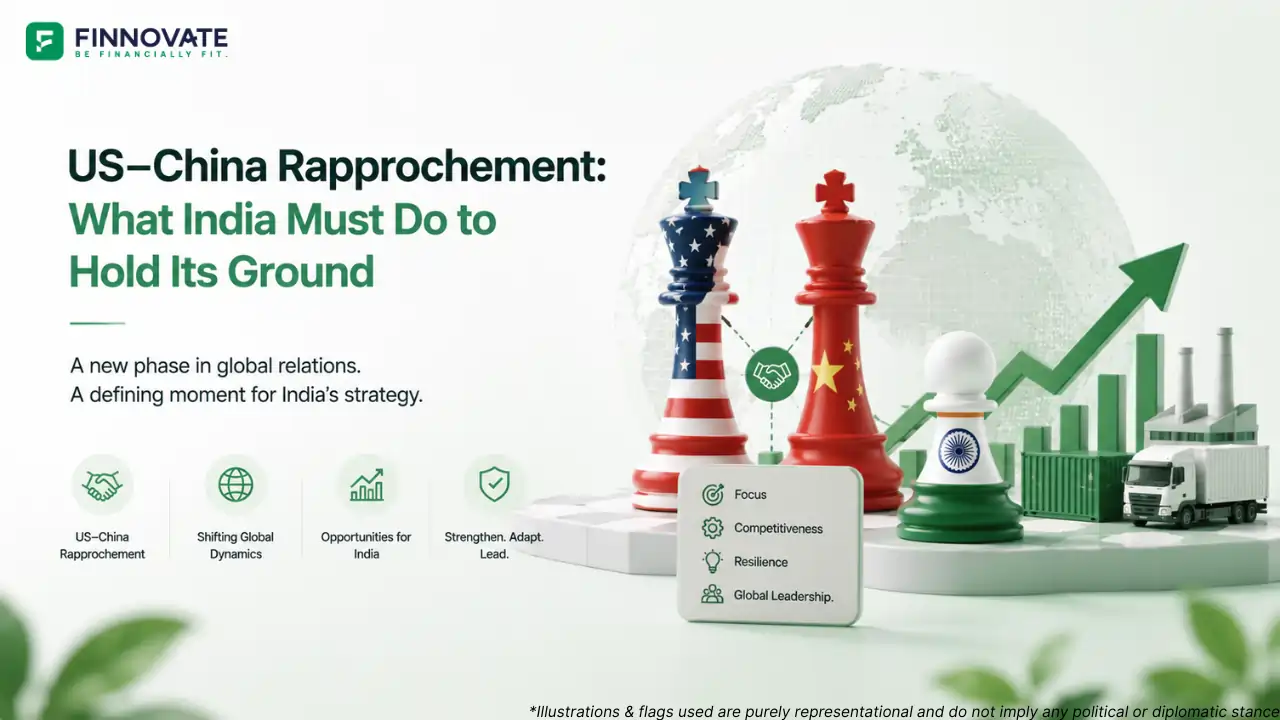 3D infographic showing US-China rapprochement and India’s strategic position, with chess pieces, global trade visuals, manufacturing elements, and growth indicators.