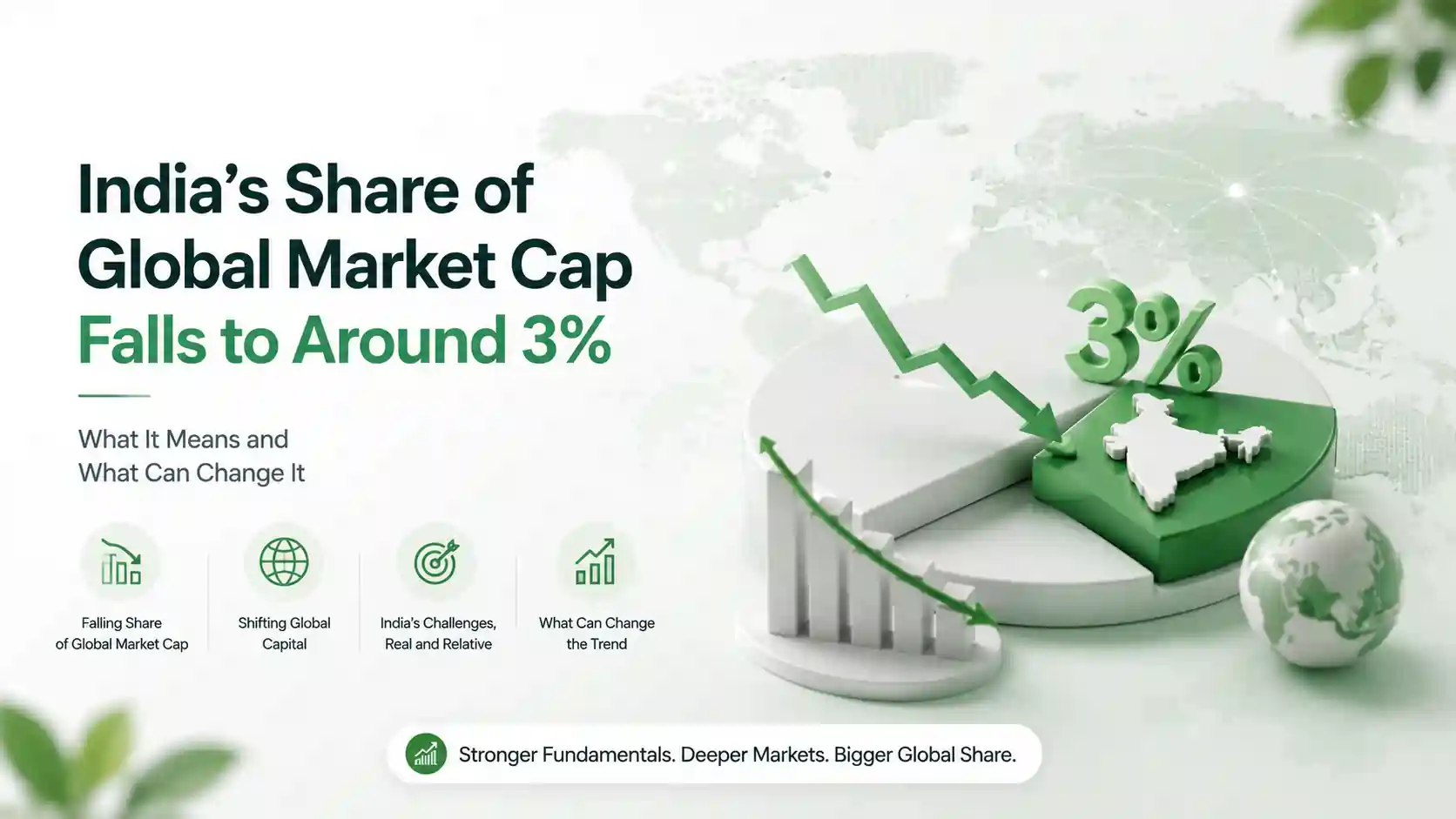 3D infographic showing India’s share of global market cap falling to around 3%, with a world map, market chart, India marker, and global capital flow visuals.