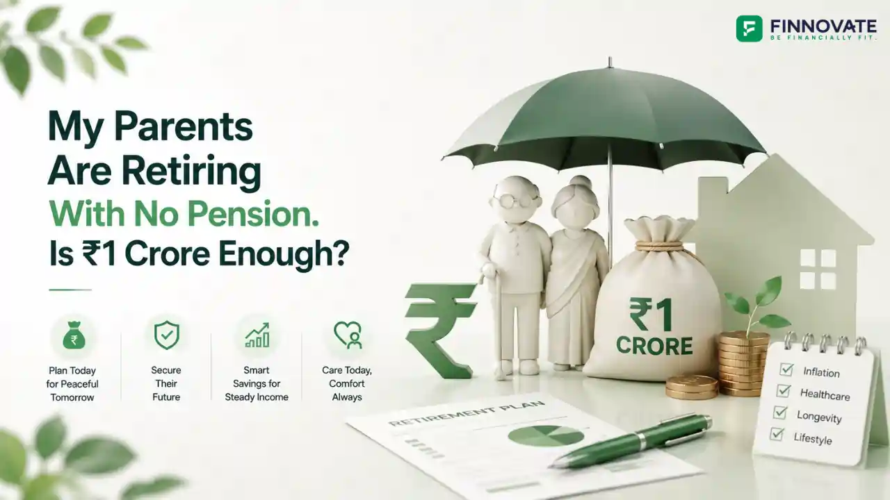 3D blog banner showing parent retirement planning with elderly parents, ₹1 crore savings, home, umbrella protection, healthcare checklist, and retirement plan visuals.