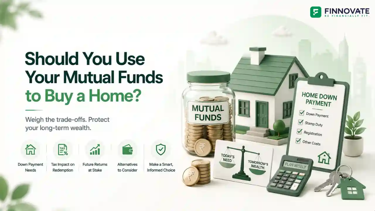 3D blog banner showing mutual funds being considered for a home down payment, with a house, savings jar, down payment checklist, calculator, rupee coins, and financial decision visuals.