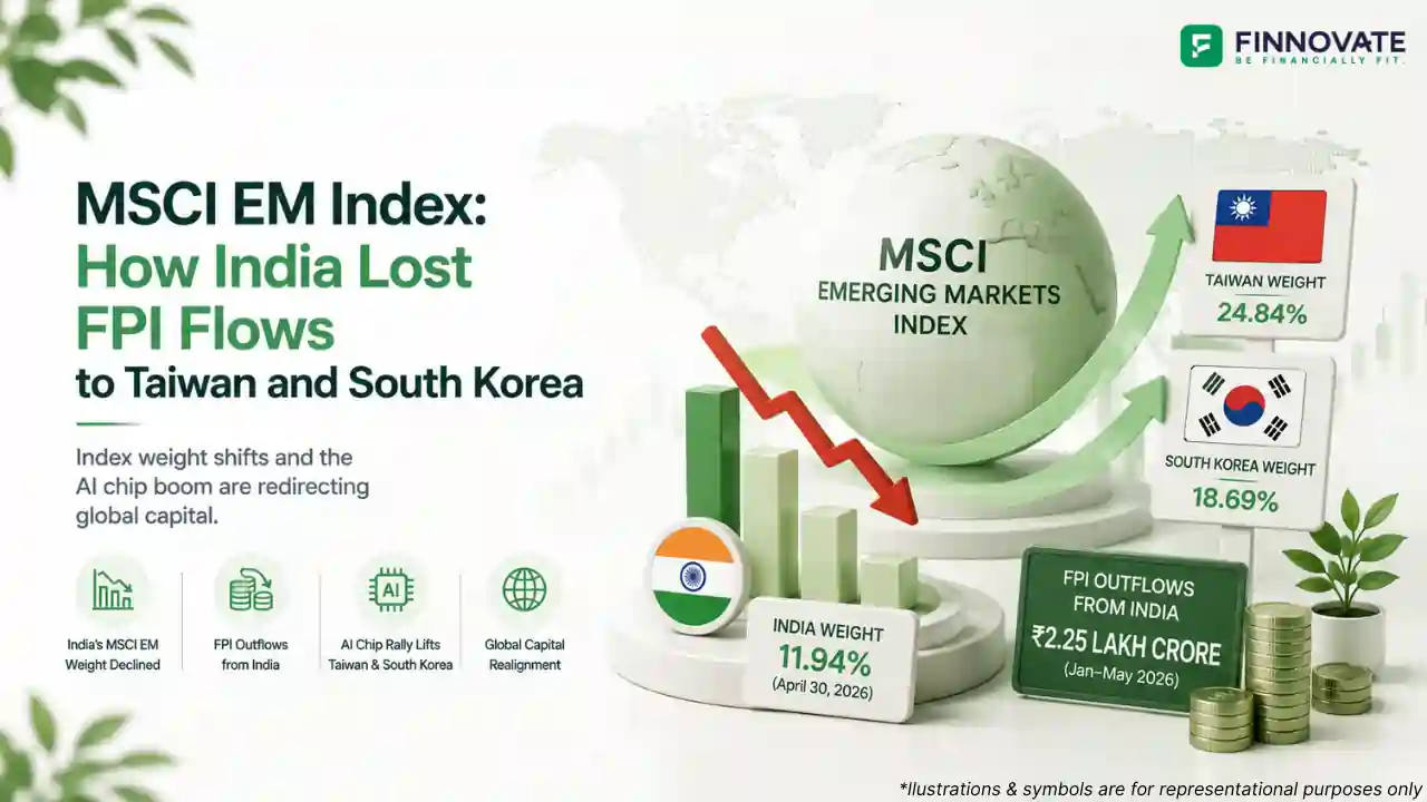 3D infographic showing MSCI EM index weight shift, India losing FPI flows, and global capital moving toward Taiwan and South Korea due to the AI semiconductor rally.
