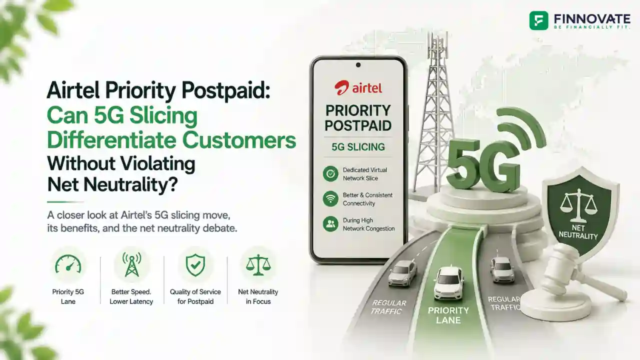 3D blog banner showing Airtel Priority Postpaid 5G slicing, with smartphone, telecom tower, priority network lane, net neutrality scale, and faster connectivity visuals.