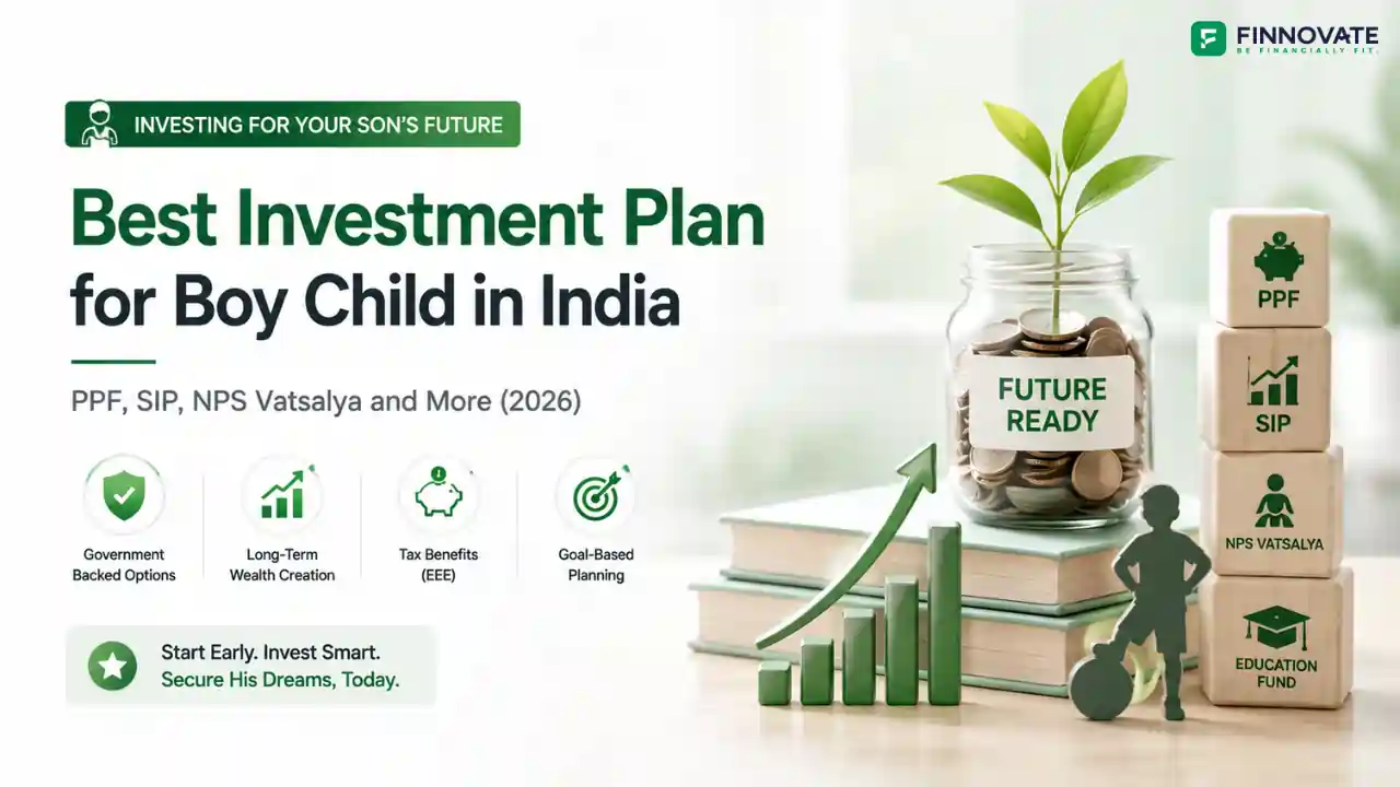 3D blog banner showing best investment plan for a boy child in India (2026), featuring PPF, equity SIP, NPS Vatsalya, and education fund building blocks, a growth chart, jar labeled “Future Ready,” silhouette of a boy, and icons for government-backed