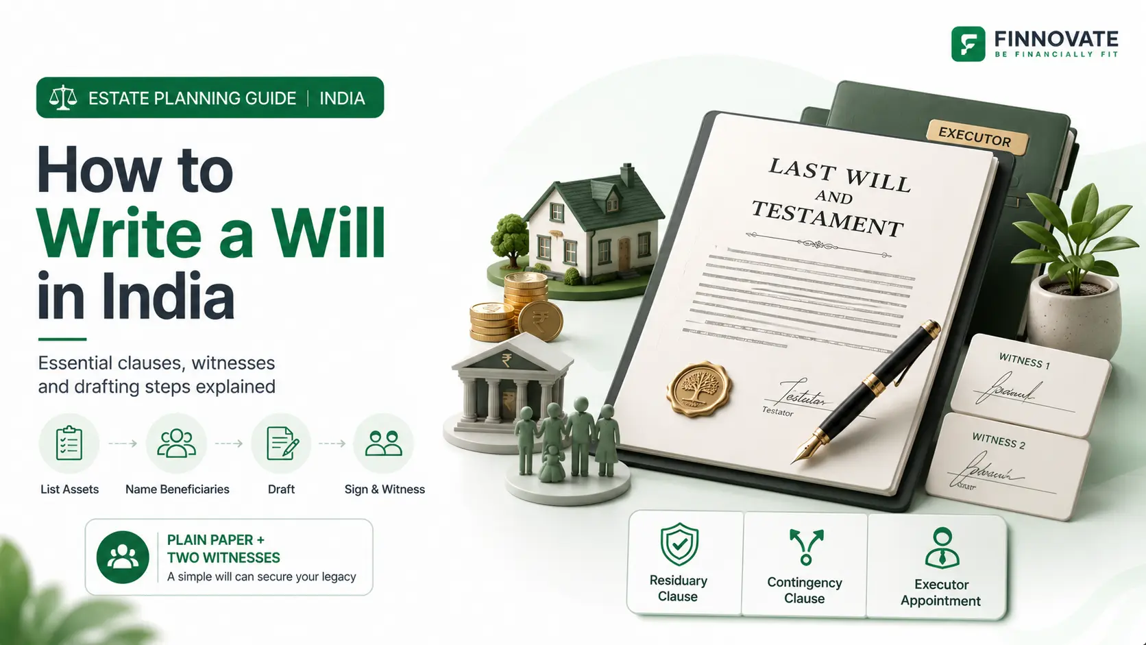 Drafting guide banner: How to Write a Will in India, with a clause-structured document graphic.