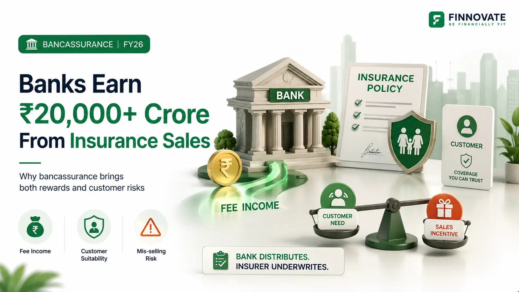A 16:9 banner showing the ₹20,000+ crore bancassurance opportunity, with customer suitability and mis-selling risk clearly balanced in the visual.