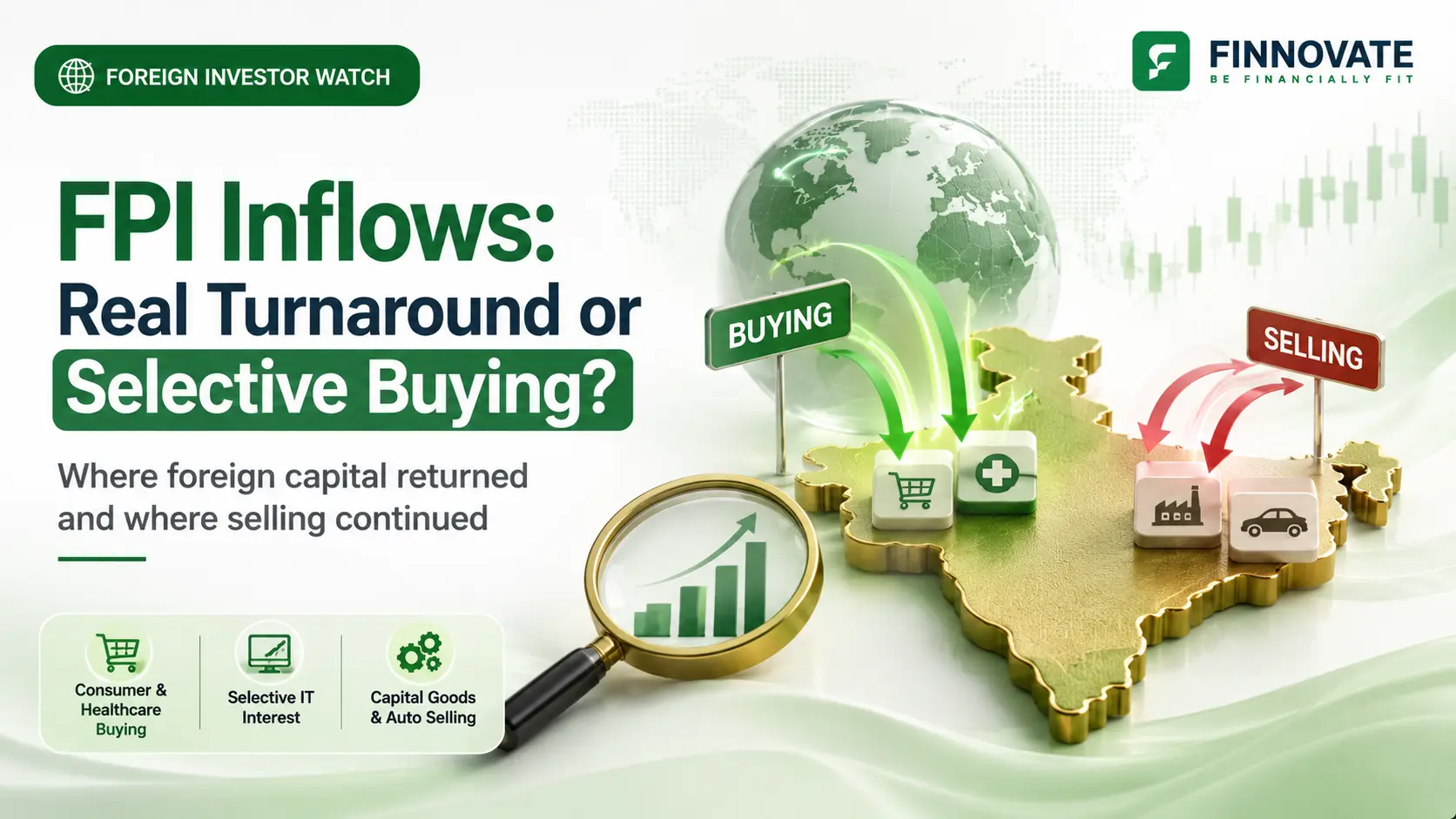 FPI inflows in India showing selective foreign buying in consumer, healthcare and IT sectors alongside selling in capital goods and automobiles.
