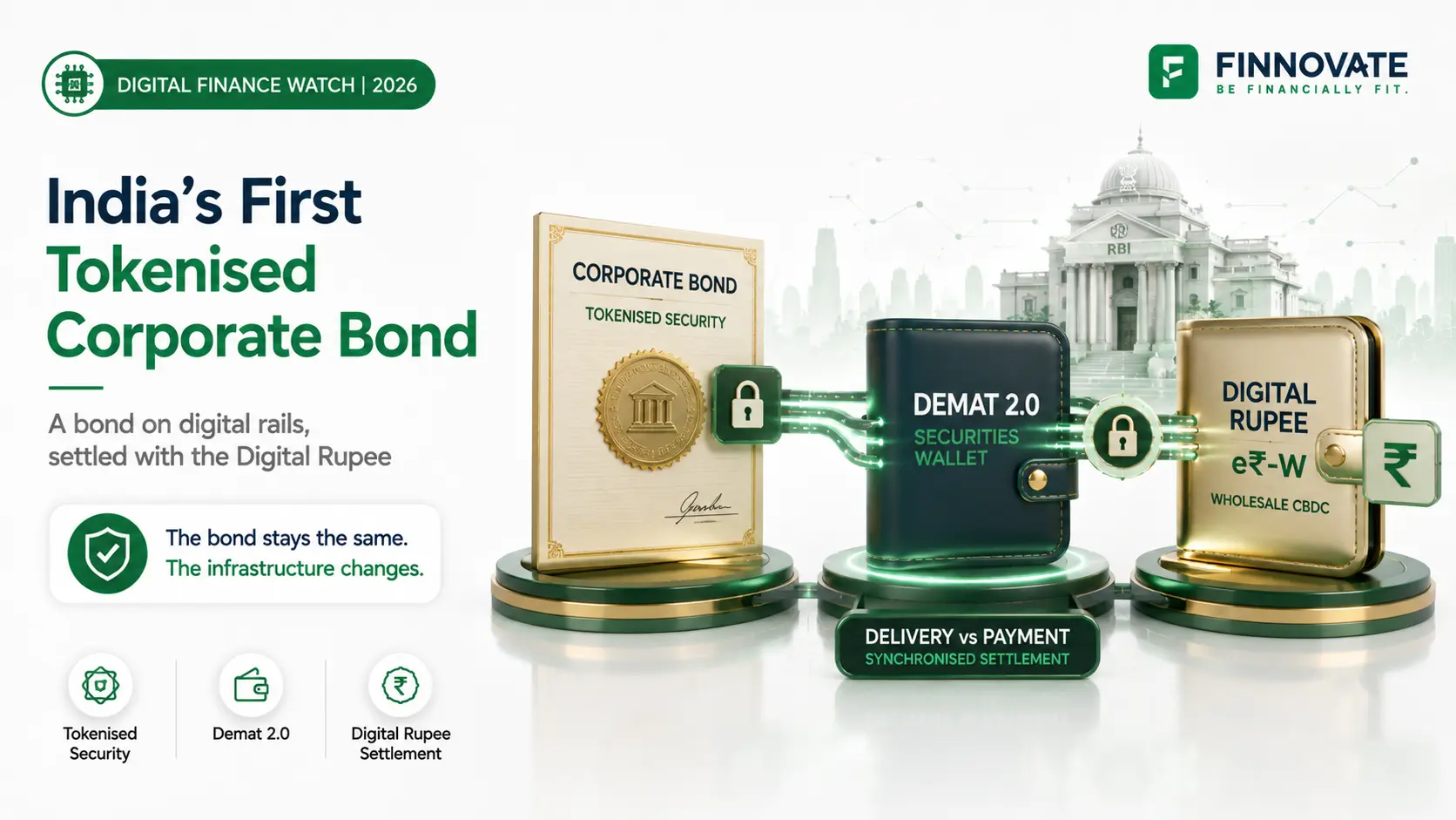 India’s first tokenised corporate bond showing Demat 2.0, Digital Rupee settlement, tokenised securities and delivery-versus-payment infrastructure.