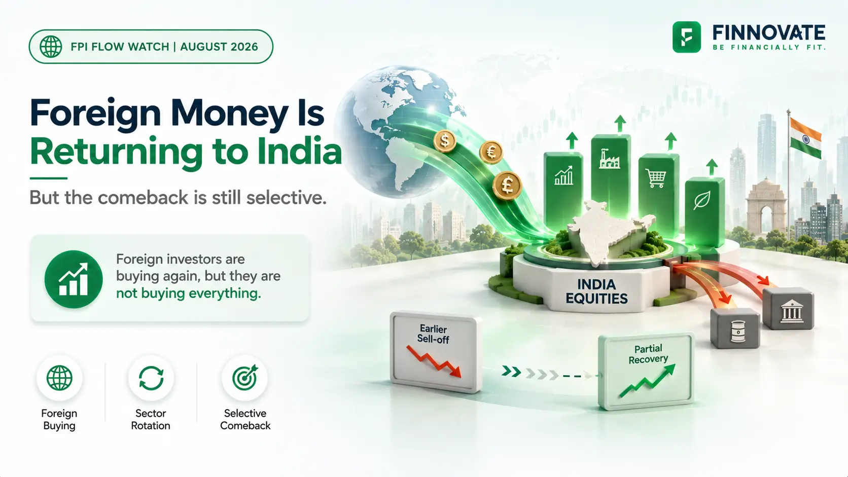 FPI inflows into Indian equities in August 2026 showing foreign investors returning selectively, with sector rotation and only a partial recovery from earlier selling.
