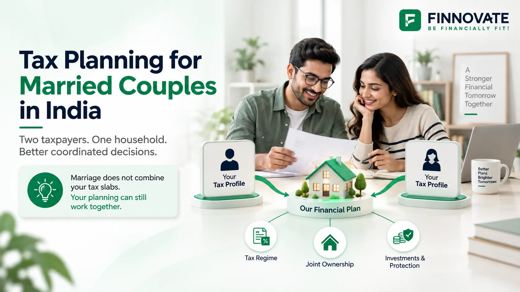 Tax planning for married couples in India showing separate tax profiles, joint financial decisions, tax regime selection, shared ownership and coordinated investments.