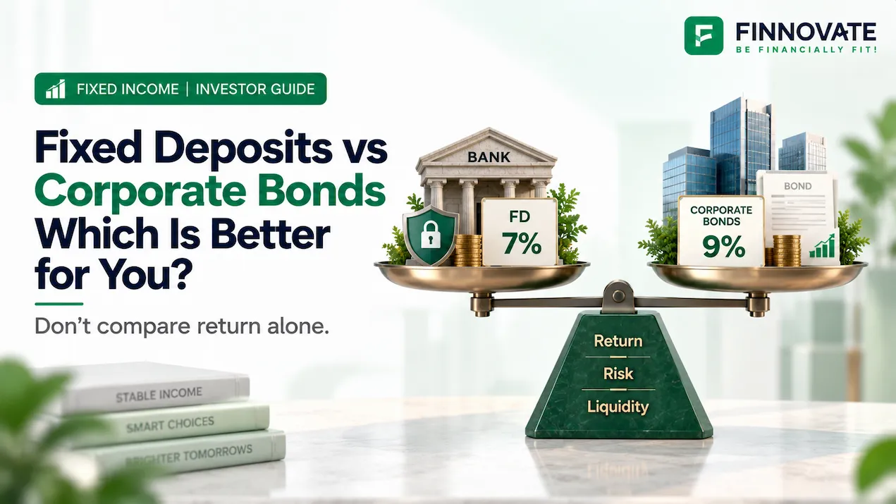 Fixed Deposits vs Corporate Bonds comparison showing a balanced scale with FD at 7%, corporate bonds at 9%, and return, risk and liquidity factors.