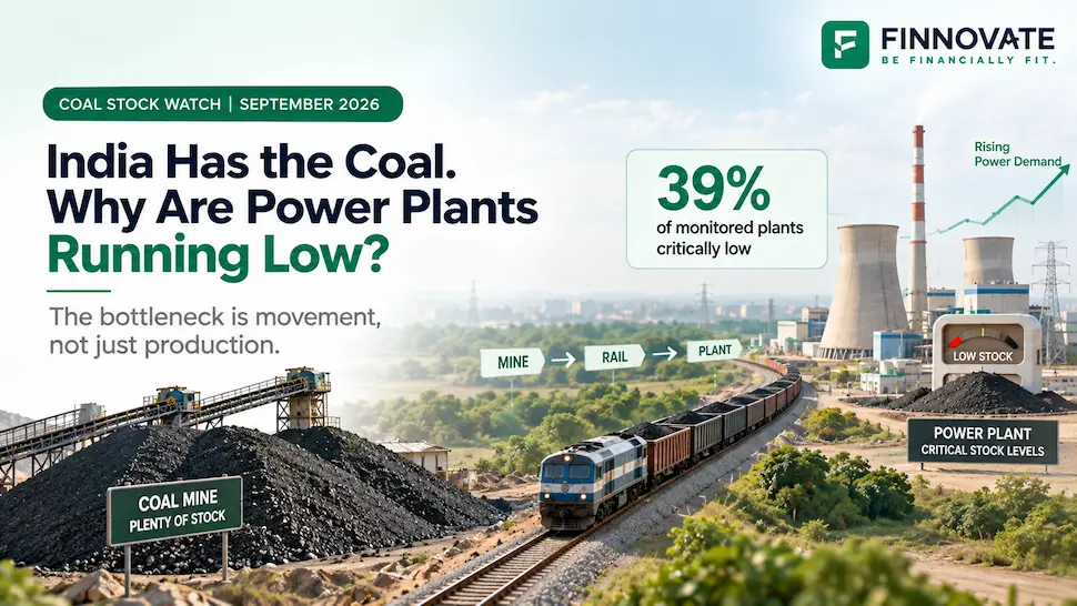 India coal stock crisis in September 2026 showing coal available at mines, rail transport to power plants, and 39% of monitored plants at critically low stock levels.