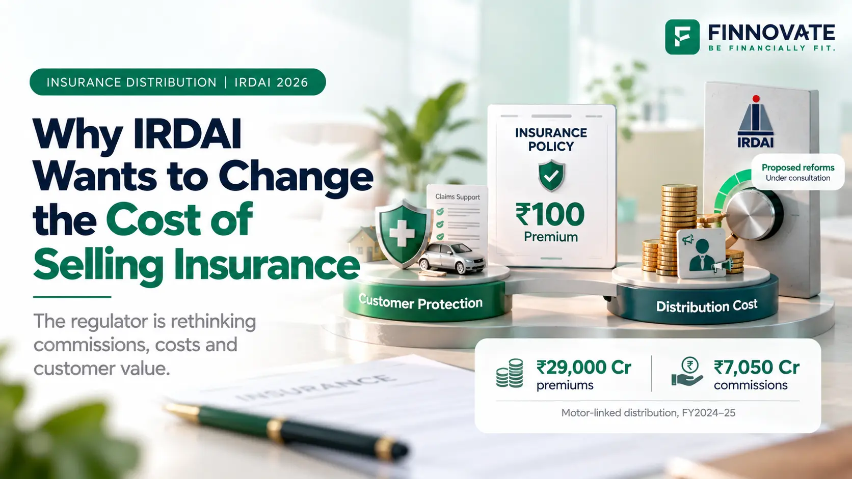 IRDAI 2026 insurance distribution reform proposal showing ₹29,000 crore in motor-linked premiums, ₹7,050 crore in commissions, and the regulator’s focus on customer protection and distribution costs.