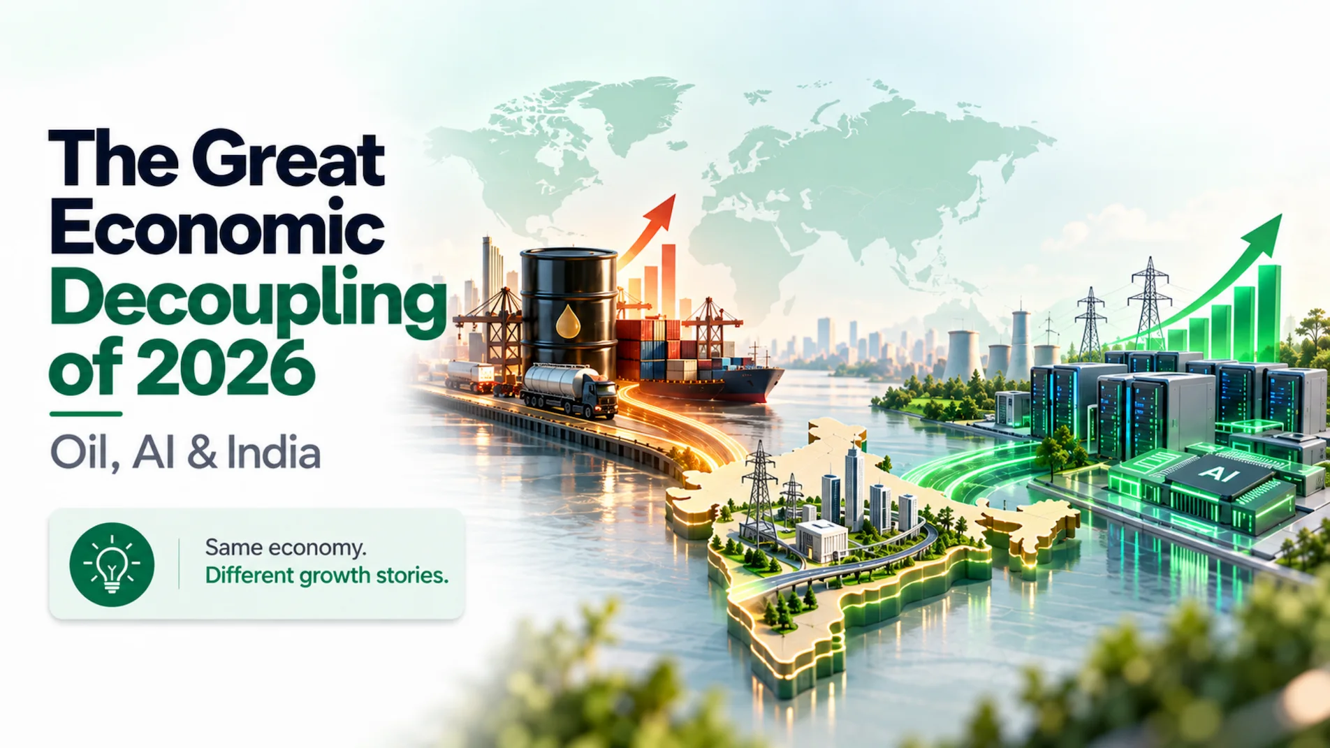 The Great Economic Decoupling of 2026 showing India between rising oil and energy costs on one side and AI, data-centre and power infrastructure investment on the other.
