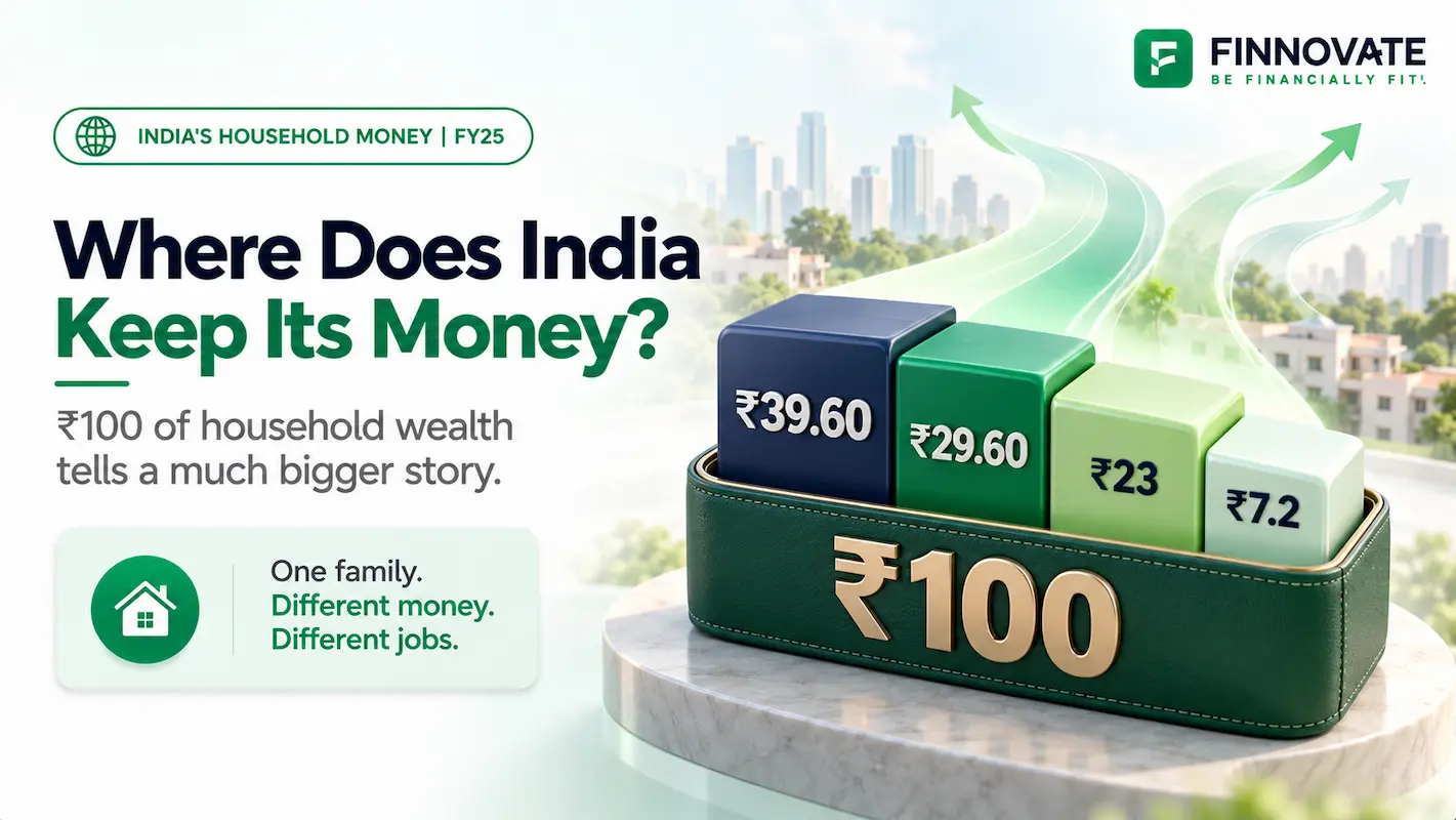 India’s household financial assets shown as a ₹100 wallet, with ₹39.60, ₹29.60, ₹23 and ₹7.20 representing how household wealth is distributed across different financial asset categories in FY25.