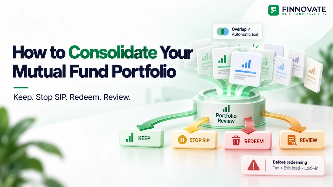 Mutual fund portfolio consolidation showing funds being reviewed and assigned to keep, stop SIP, redeem or review, with overlap, tax, exit load and lock-in considered before making changes.