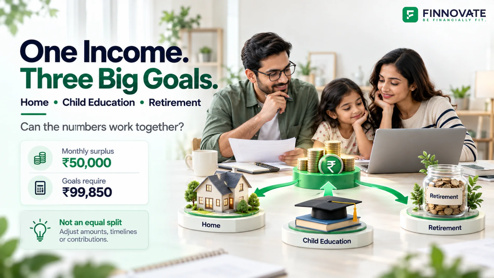 Indian family planning one income across three major goals, showing a ₹50,000 monthly surplus against a ₹99,850 requirement for a home, child education and retirement.