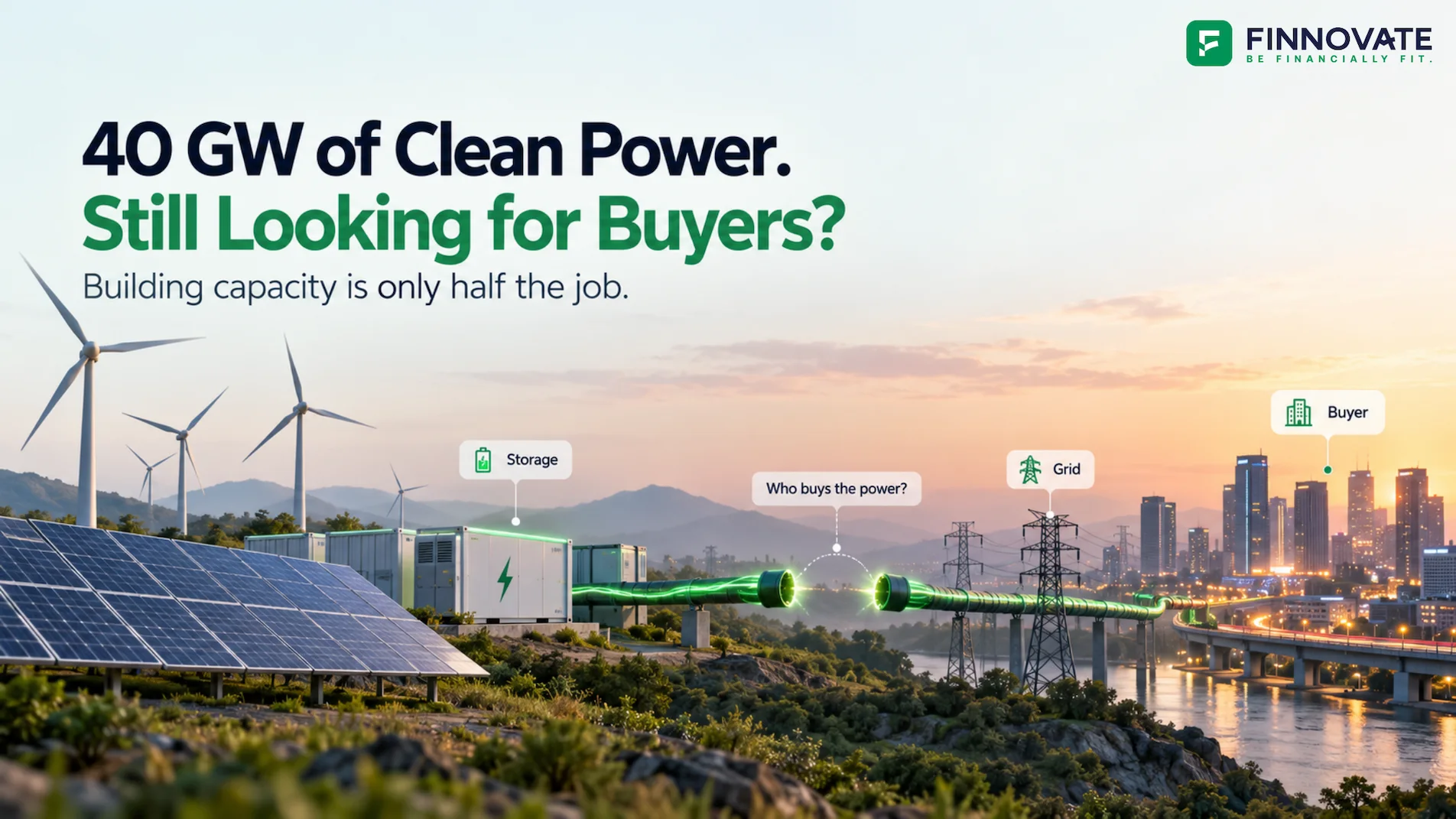 India clean-power projects showing solar, wind, battery storage and grid infrastructure, with an incomplete connection to electricity buyers highlighting the challenge of securing demand and power purchase agreements.