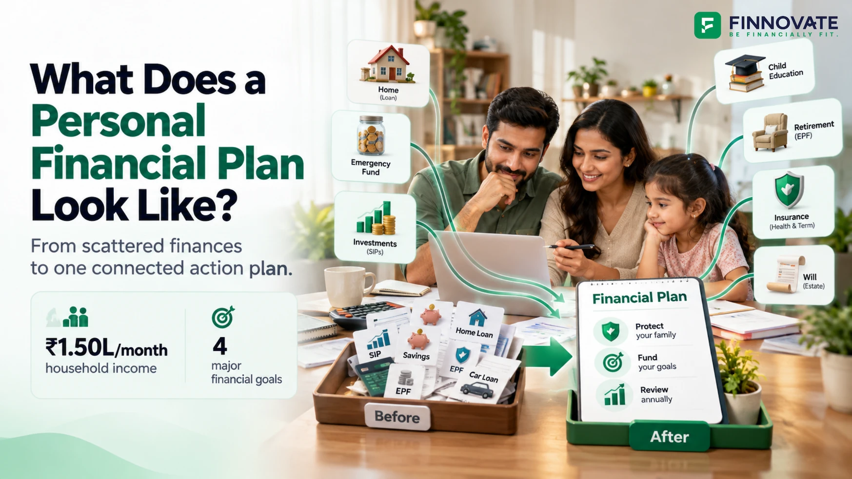Indian family reviewing a personal financial plan that connects household income, loans, emergency savings, investments, child education, retirement, insurance and estate planning into one organised action plan.