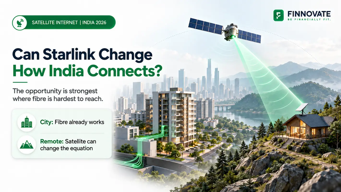 Starlink satellite internet connecting a remote Indian location while urban homes use fibre, showing how satellite broadband can improve connectivity where ground networks are harder to extend.