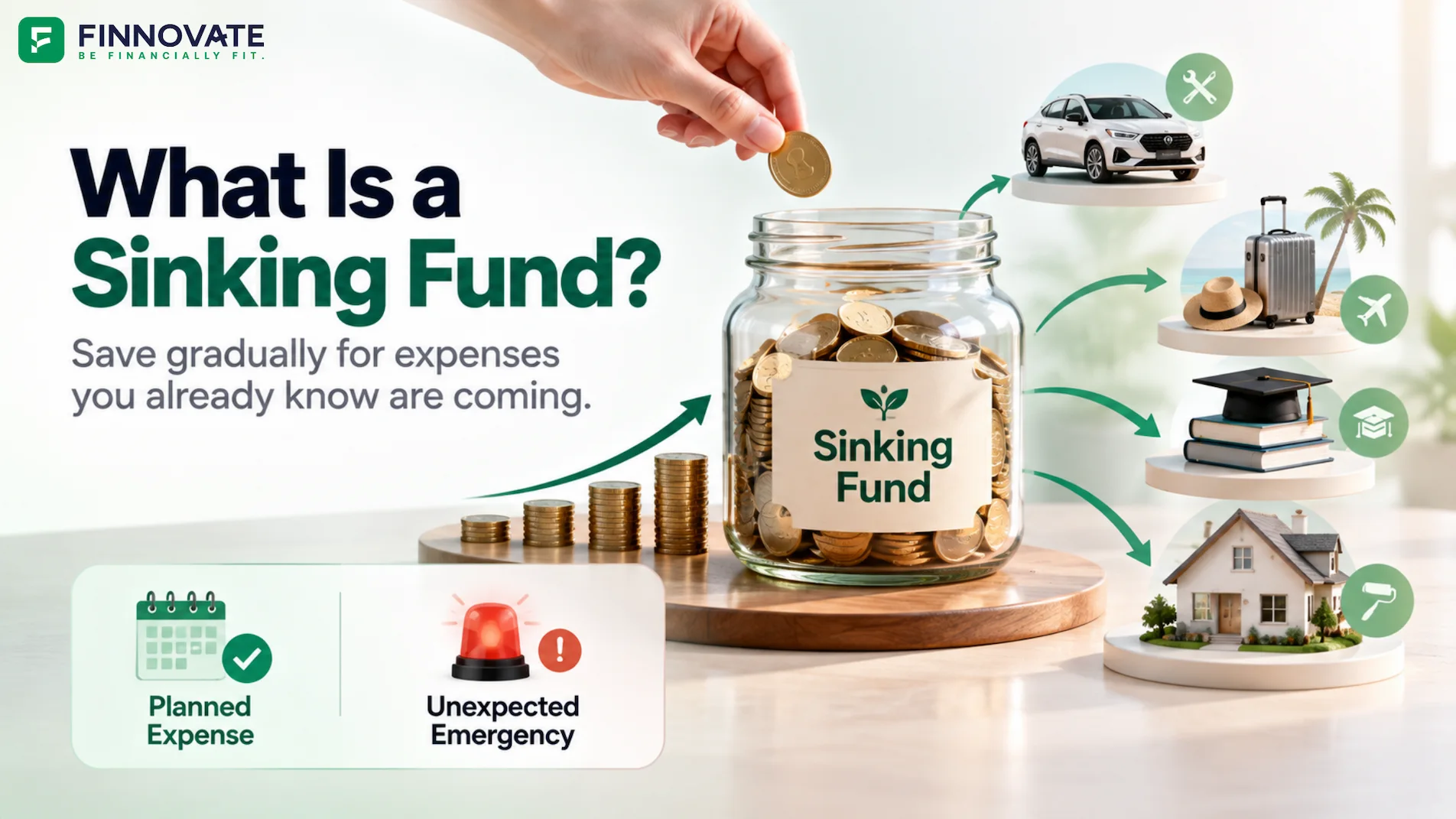 Sinking fund concept showing regular savings building towards planned expenses such as car maintenance, travel, education and home costs, while distinguishing planned expenses from unexpected emergencies.