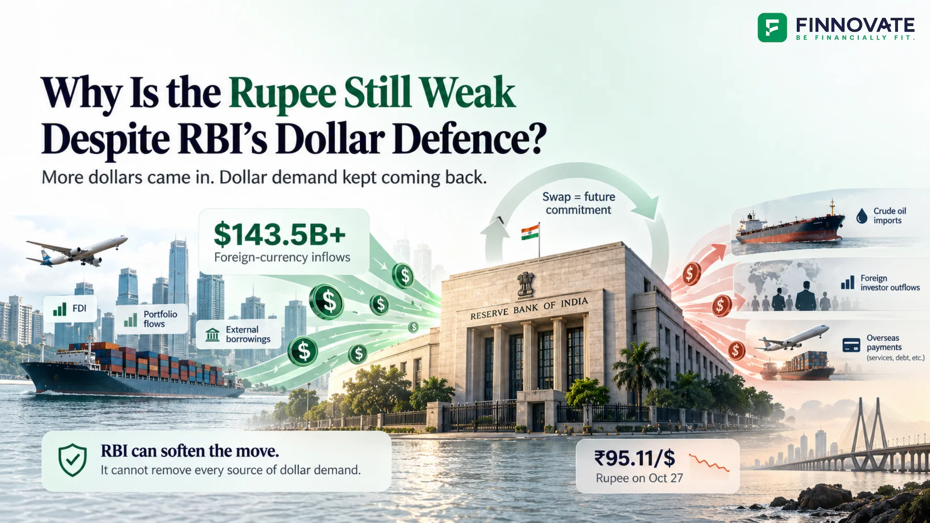 RBI dollar defence and rupee pressure showing foreign-currency inflows, crude oil imports, foreign investor outflows and overseas payments, with the rupee at ₹95.11 per US dollar on October 27, 2026.