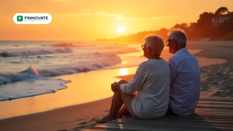 A happy retired couple enjoying a peaceful life by the beach, symbolizing financial freedom through retirement planning.