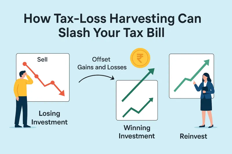 Illustration showing tax-loss harvesting process: selling loss-making investments to reduce capital gains tax in India