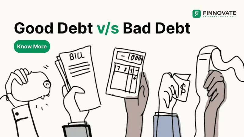 Illustration showing good debt vs bad debt with examples like home loan and credit card debt
