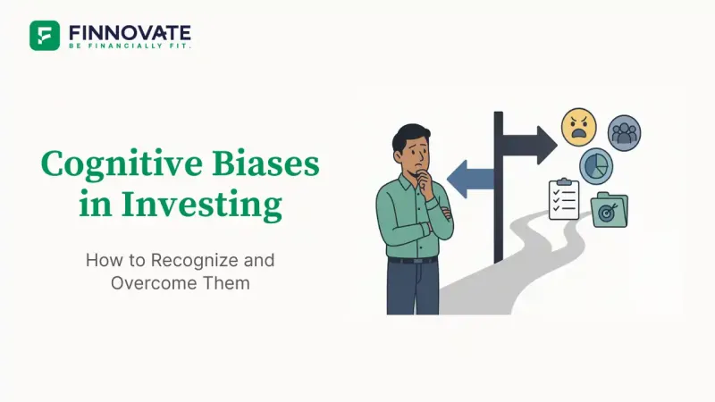 Illustration showing an investor at crossroads, with emotion-driven icons like fear, greed, and herd mentality on one side, and rational decision-making symbols on the other – representing cognitive biases in investing