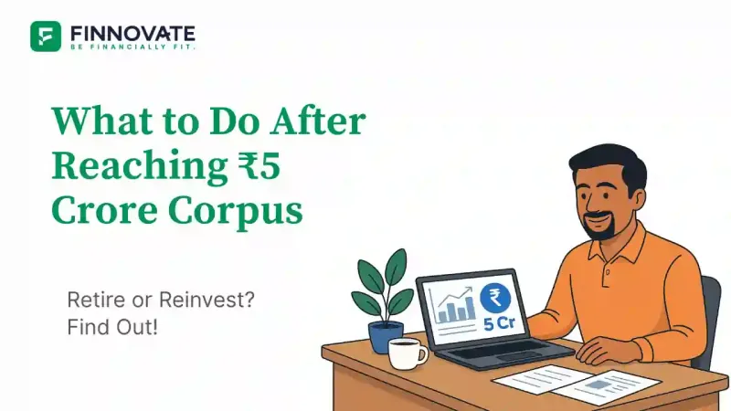 a confident Indian investor planning retirement with ₹5 crore corpus, reviewing passive income and investment options on a laptop