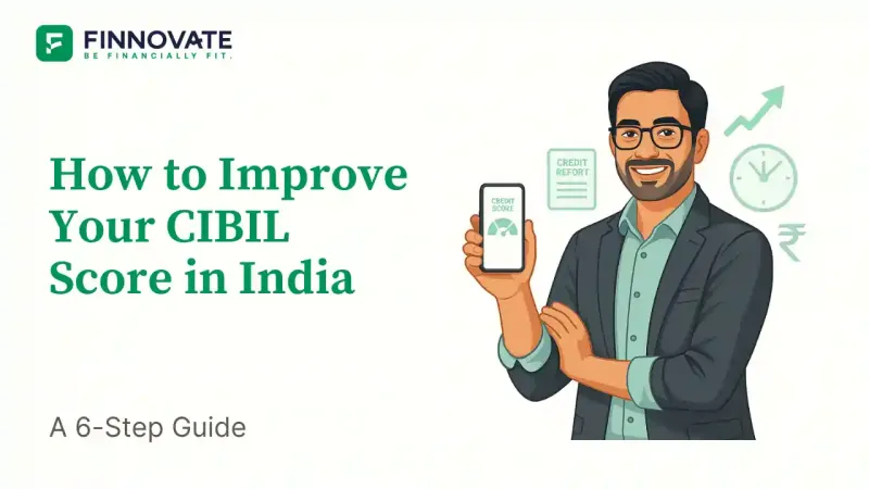 Indian man holding a smartphone showing credit score with financial icons like credit report, rising arrow, rupee symbol, and clock on a white background - blog banner image for improving CIBIL score in India.