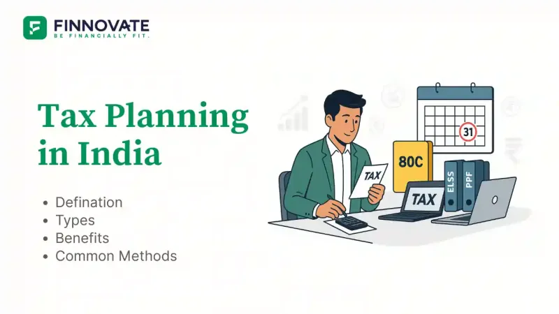 Illustration showing an Indian professional managing income and investments for tax planning with calendar, tax forms, and Section 80C symbols
