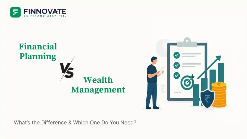 Illustration showing financial planning and wealth management elements like checklist, rupee coins, bar graph, and a person reviewing a plan