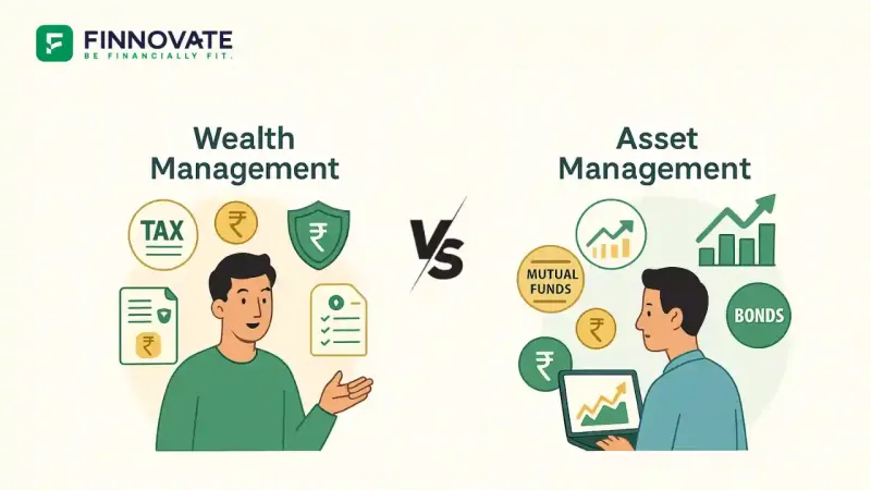 Illustration showing the difference between wealth management and asset management with icons like money, charts, planning, and investments.
