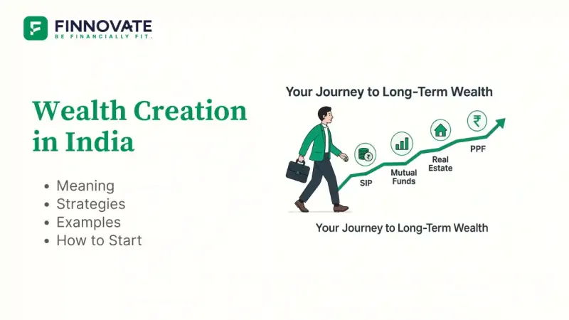 Indian professional walking on a path to wealth creation with checkpoints like SIP, mutual funds, real estate, and PPF - showing financial growth over time