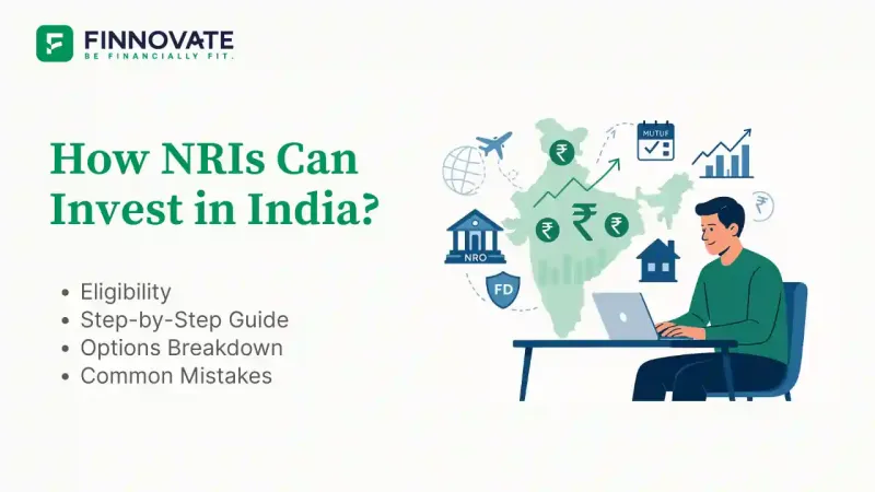 Flat-style illustration showing an NRI investor planning with India map, rupee symbols, and investment icons like mutual funds, real estate, and stock charts