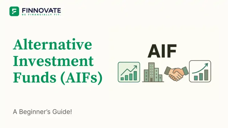 Illustration showing different types of Alternative Investment Funds (AIFs) in India with icons for equity, real estate, and private equity