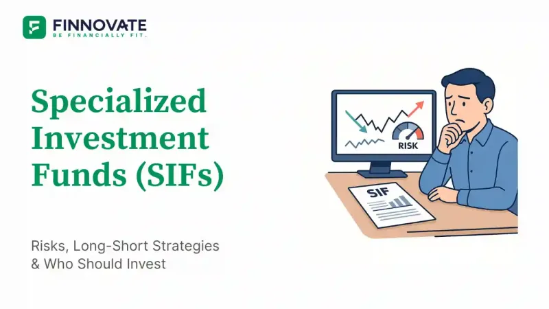 Flat-style illustration of an investor analyzing Specialized Investment Funds (SIF) strategy in India with risk assessment elements