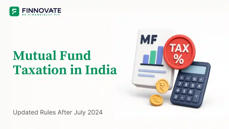 3D vector blog banner showing mutual fund taxation in India with documents, calculator, rupee coins, and tax symbol