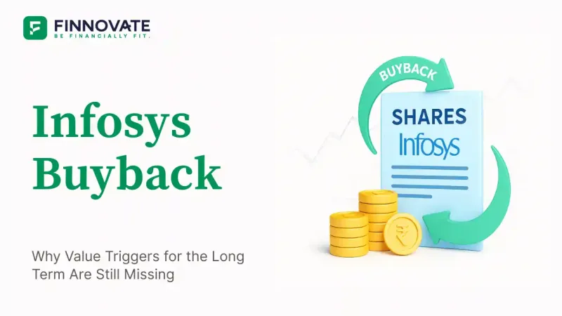Flat illustration of a share buyback concept with rupee notes, a stock certificate, and an upward/downward valuation chart, right-aligned on a white background