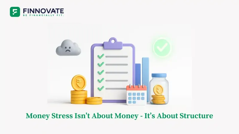 3D financial illustration showing a structured checklist, rupee coins, calendar, and charts on a white background, symbolising clarity reducing money stress.