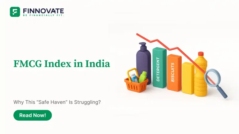 3D illustration of FMCG products as a falling bar chart with a red trend line showing the FMCG index struggling in India