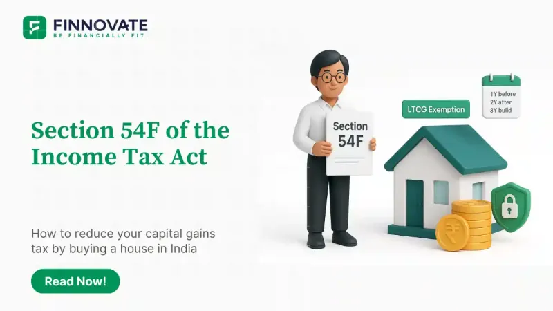 Section 54F LTCG exemption illustration showing investor with document, house model, rupee coin stack and timeline calendar on white background