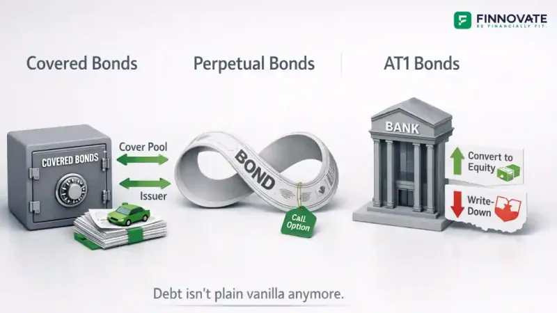 Covered bonds vs perpetual bonds vs AT1 bonds explained with a 3D visual showing dual recourse cover pool, infinity maturity, and bank capital write-down risk