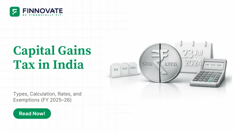 3D rupee coin showing STCG vs LTCG with tax exemptions 54, 54F, 54EC and a calculator on white background.