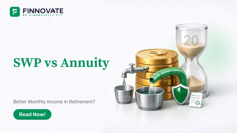 3D illustration showing a retirement corpus as rupee coin stacks with two income streams comparing SWP versus annuity monthly income.